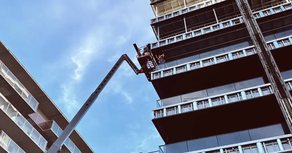 « Nacelle élévatrice utilisée pour accéder en hauteur sur un chantier de revêtement extérieur »